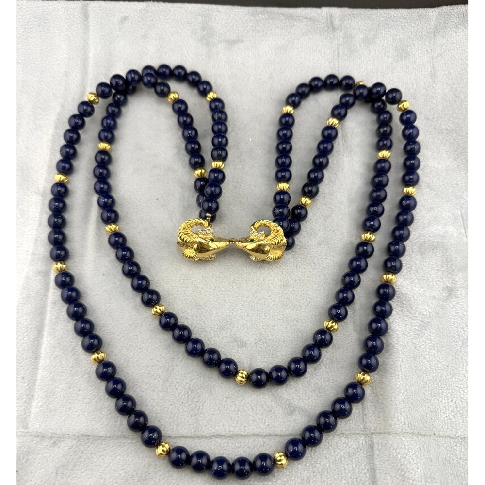 Vintage KJL Rams Head Necklace Blue Acrylic Signed 34"‎